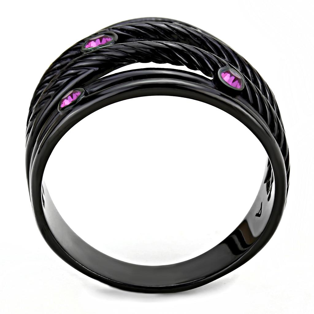 TK3565 IP Black Stainless Steel Ring featuring a vibrant fuchsia top-grade crystal, showcasing a modern and elegant design.