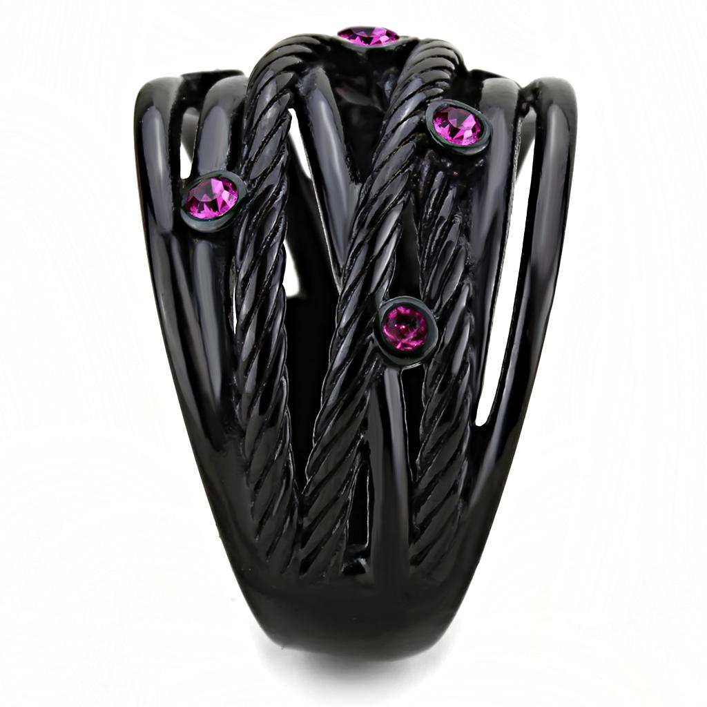 TK3565 IP Black Stainless Steel Ring featuring a vibrant fuchsia top-grade crystal, showcasing a modern and elegant design.