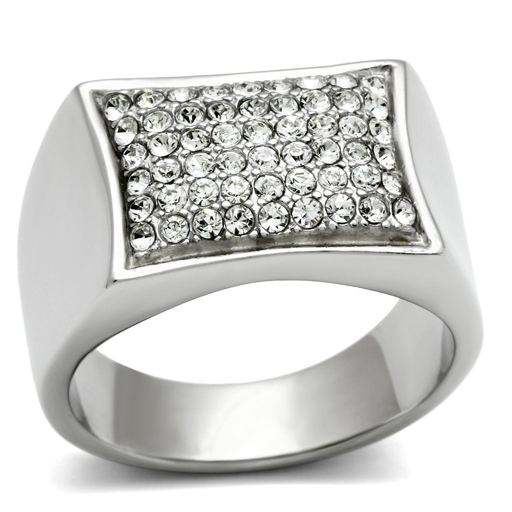 TK357 High Polished Stainless Steel Ring featuring a clear top grade crystal centerpiece, showcasing its elegant design and shiny finish.