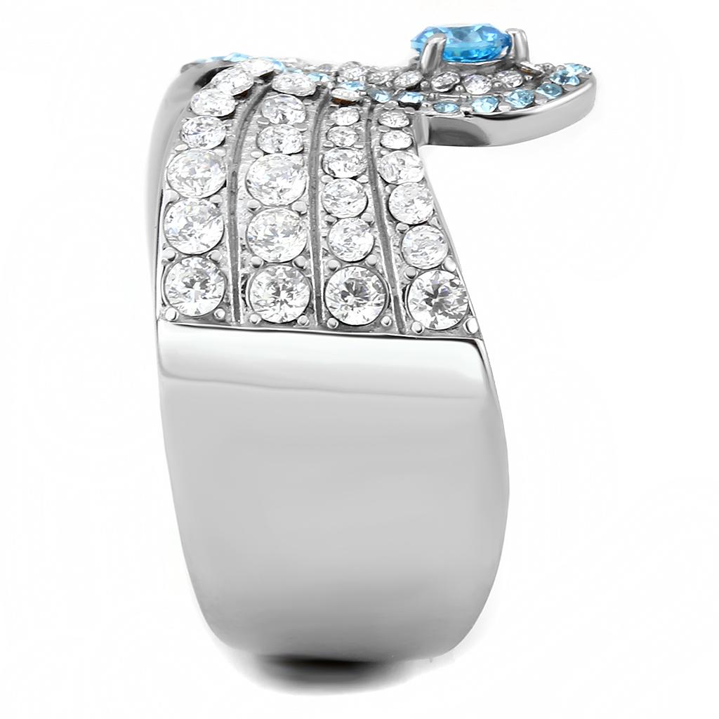TK3572 No Plating Stainless Steel Ring featuring a brilliant AAA Grade CZ in a vibrant sea blue color, showcasing its elegant design.