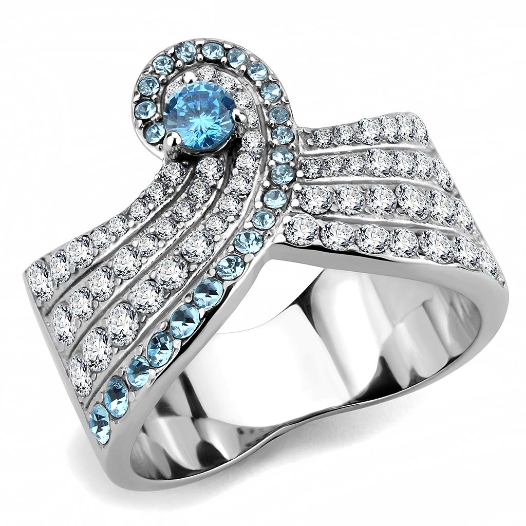 TK3572 No Plating Stainless Steel Ring featuring a brilliant AAA Grade CZ in a vibrant sea blue color, showcasing its elegant design.