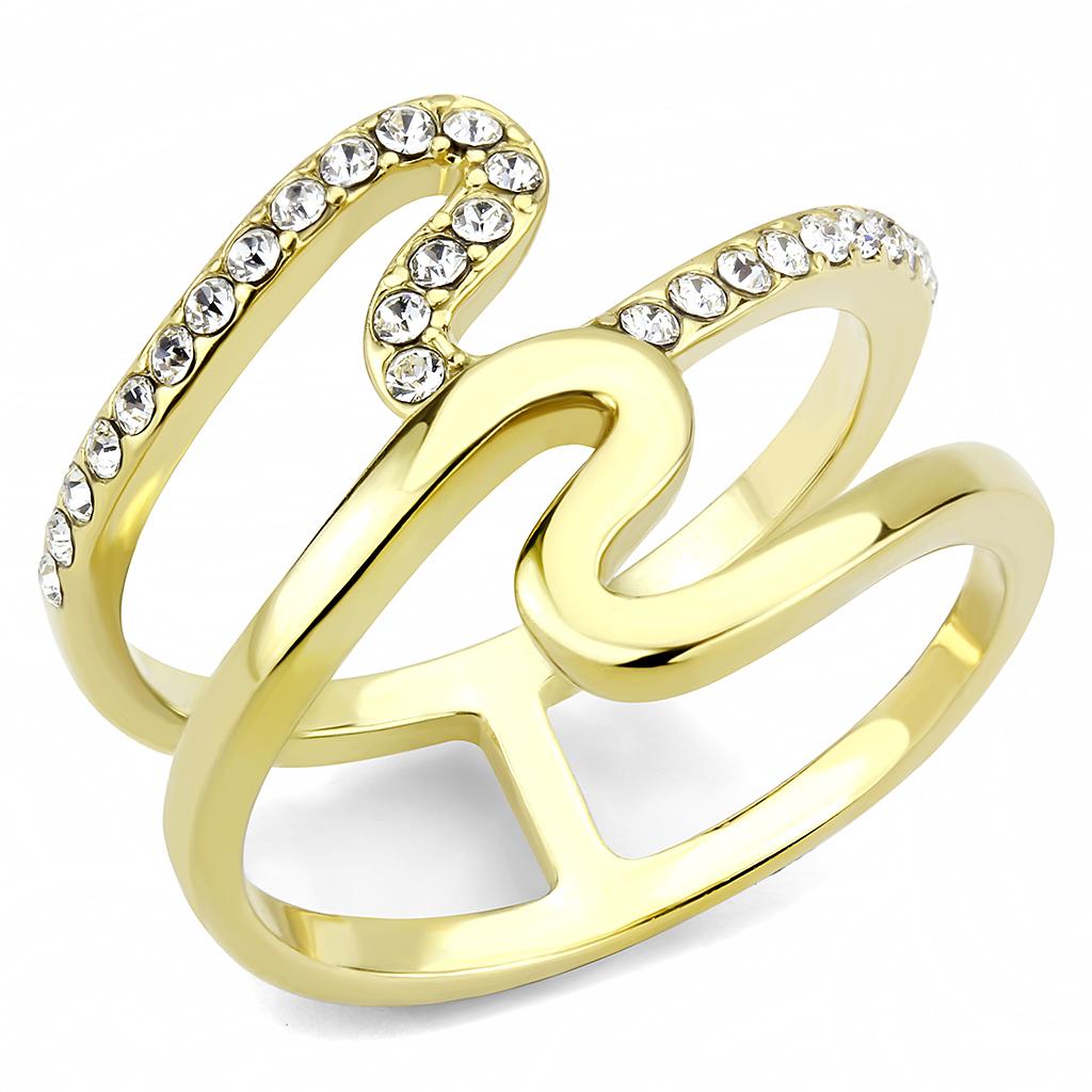 TK3574 IP Gold Stainless Steel Ring featuring a clear top-grade crystal centerpiece, showcasing a luxurious design.