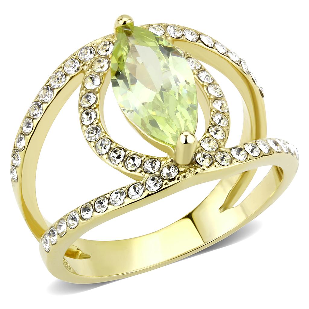 TK3578 IP Gold Stainless Steel Ring featuring an AAA Grade CZ stone in vibrant apple green color, showcasing its elegant design.