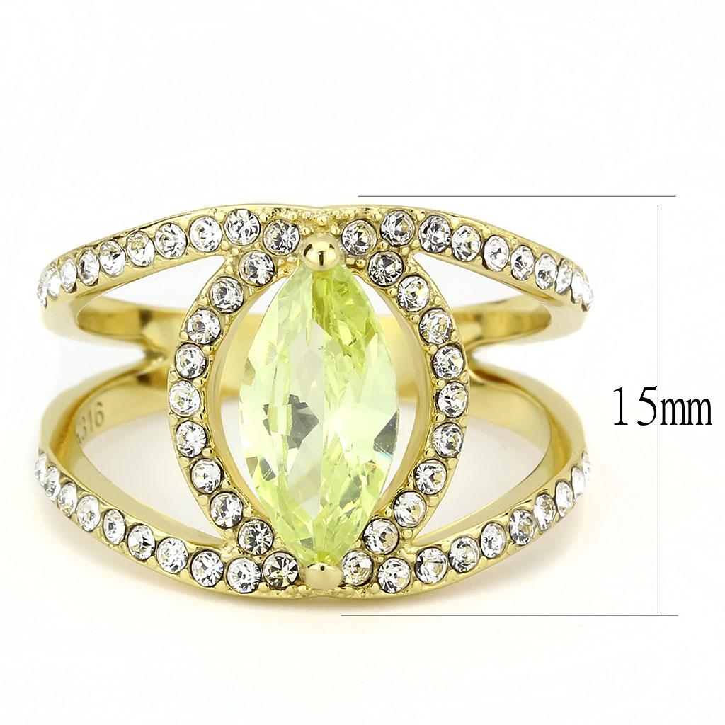TK3578 IP Gold Stainless Steel Ring featuring an AAA Grade CZ stone in vibrant apple green color, showcasing its elegant design.