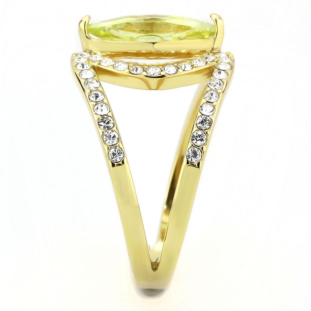 TK3578 IP Gold Stainless Steel Ring featuring an AAA Grade CZ stone in vibrant apple green color, showcasing its elegant design.