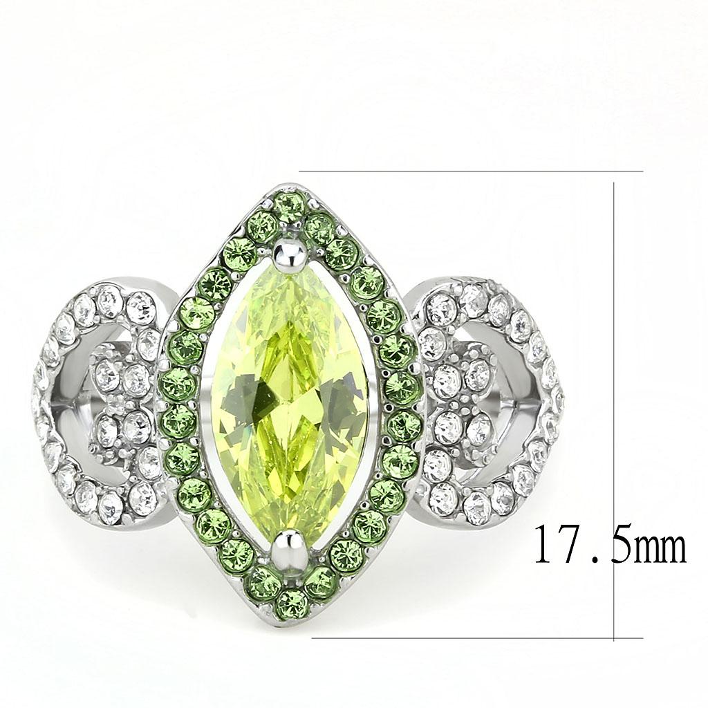 TK3579 No Plating Stainless Steel Ring featuring an AAA Grade CZ in vibrant apple green color, showcasing its elegant design.