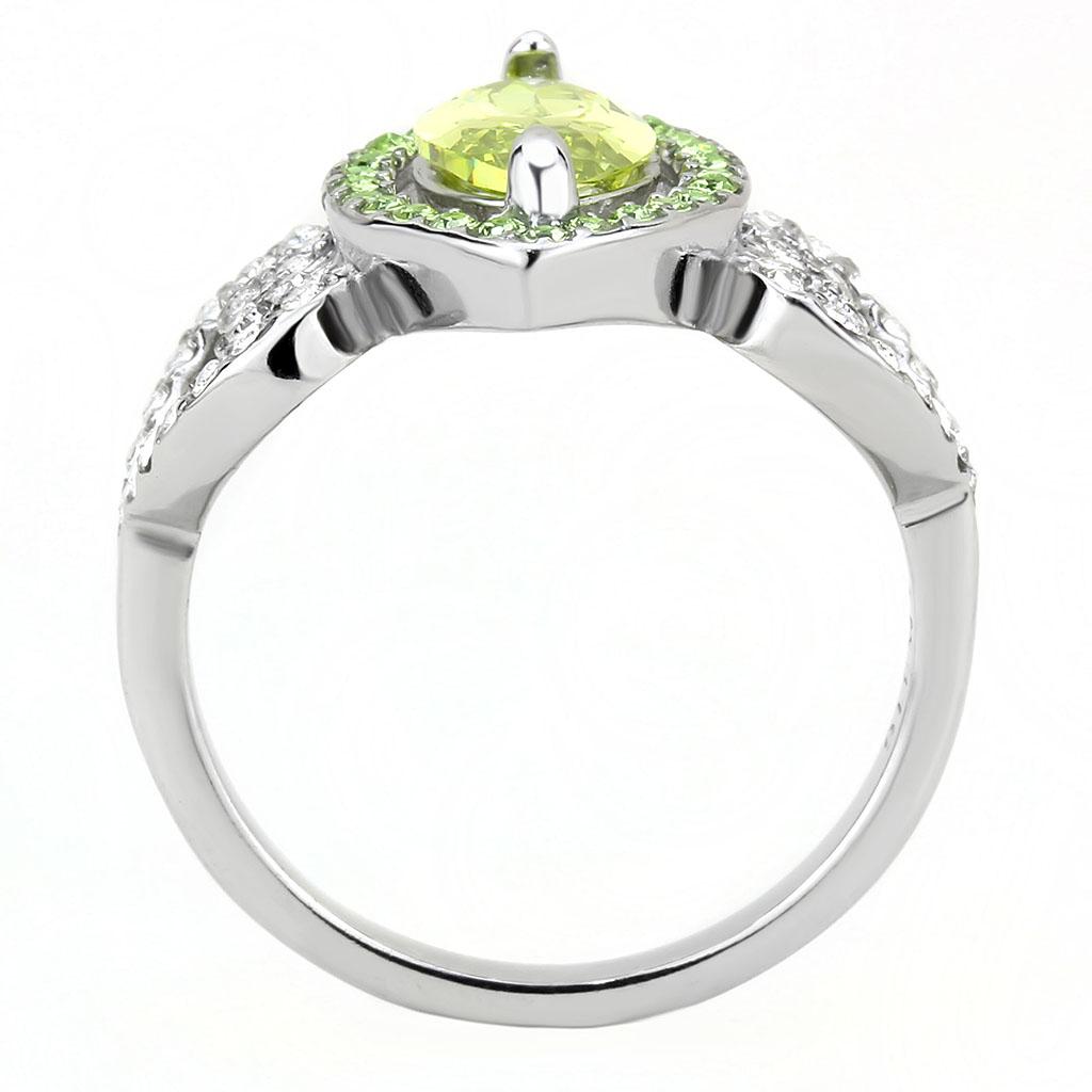 TK3579 No Plating Stainless Steel Ring featuring an AAA Grade CZ in vibrant apple green color, showcasing its elegant design.