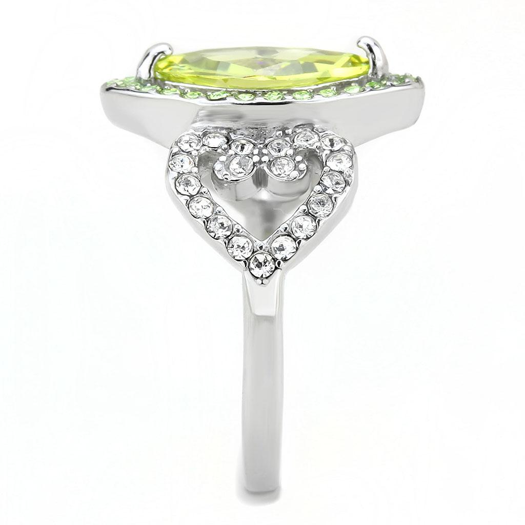 TK3579 No Plating Stainless Steel Ring featuring an AAA Grade CZ in vibrant apple green color, showcasing its elegant design.