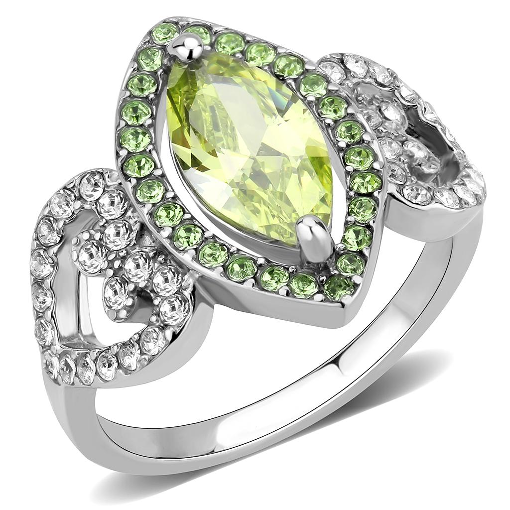 TK3579 No Plating Stainless Steel Ring featuring an AAA Grade CZ in vibrant apple green color, showcasing its elegant design.