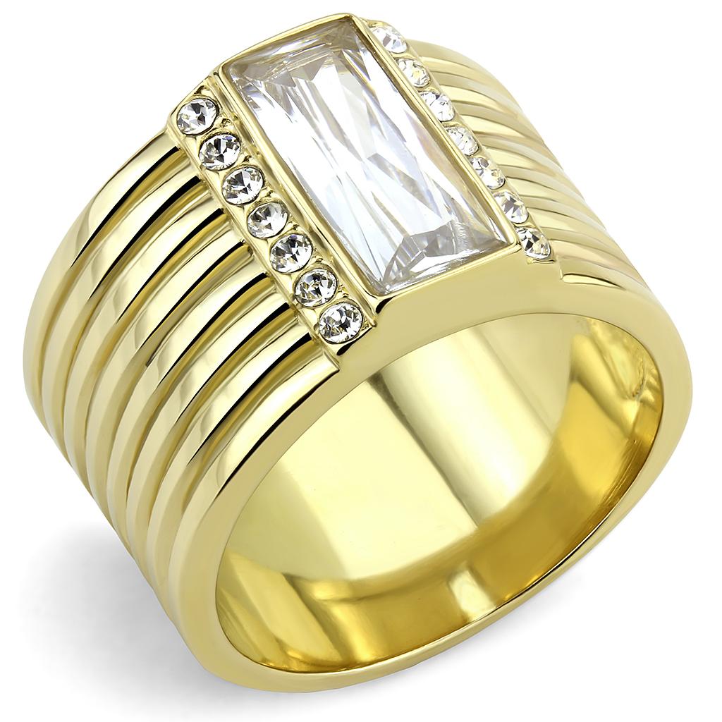 TK3581 IP Gold Stainless Steel Ring featuring AAA Grade CZ, showcasing its elegant design and sparkling center stone.