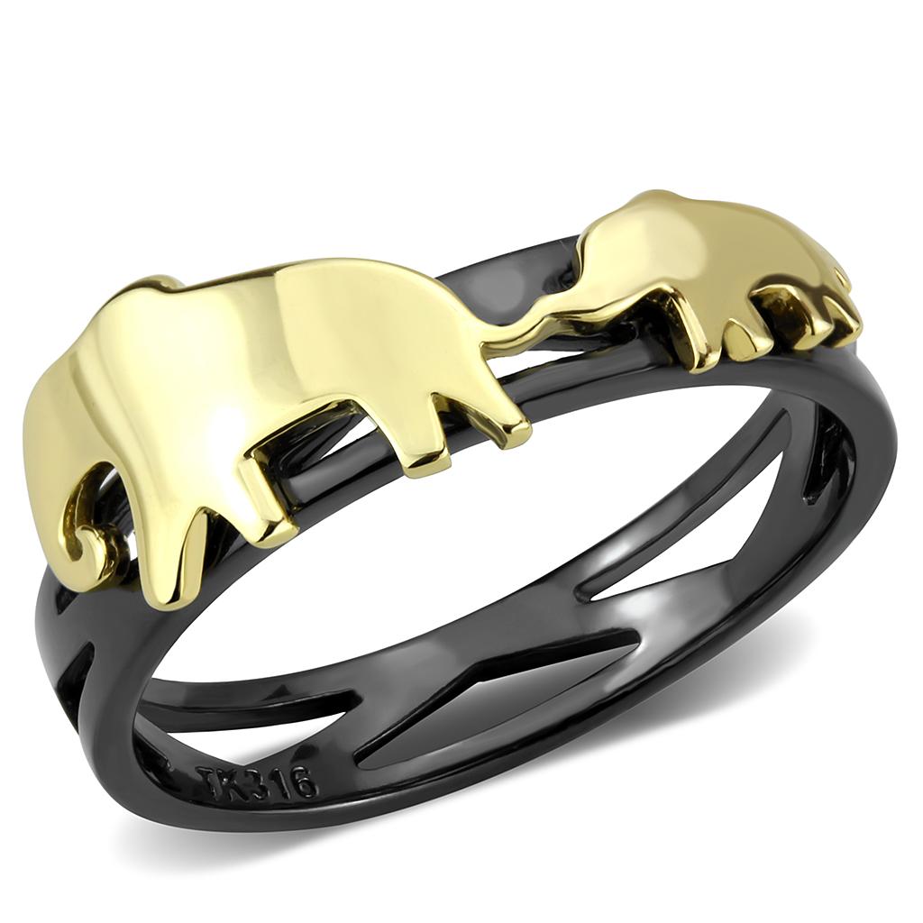 TK3582 IP Gold+ IP Black Stainless Steel Ring showcasing a sleek design with ion plating finish.