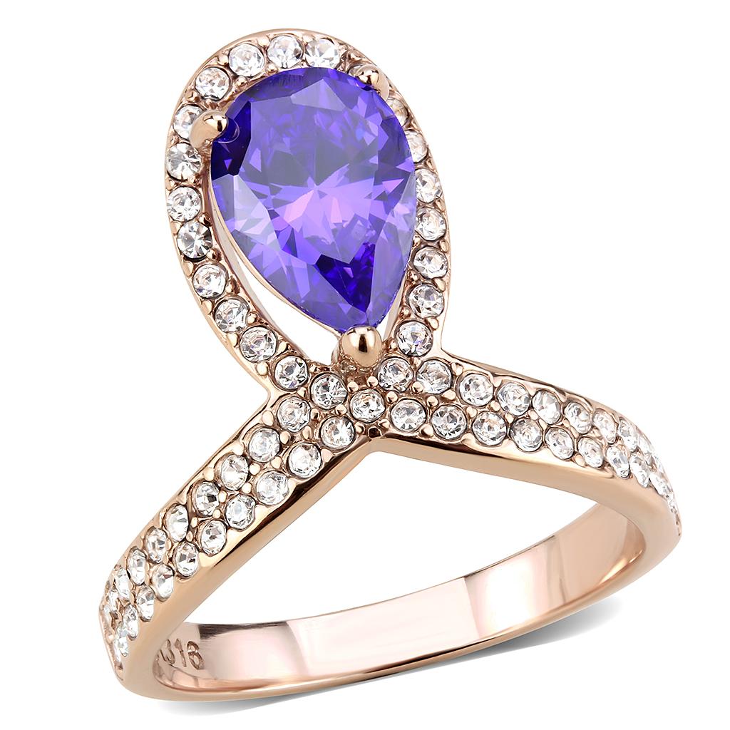 TK3589 IP Rose Gold Stainless Steel Ring featuring AAA Grade CZ stone in tanzanite color, showcasing elegance and durability.