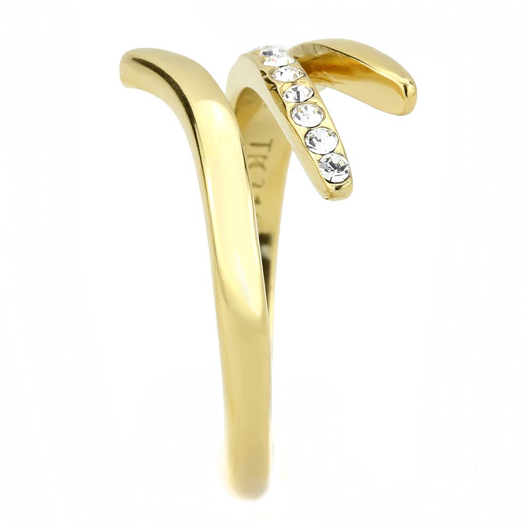 TK3590 IP Gold Stainless Steel Ring featuring a clear top-grade crystal centerpiece, showcasing a luxurious design.