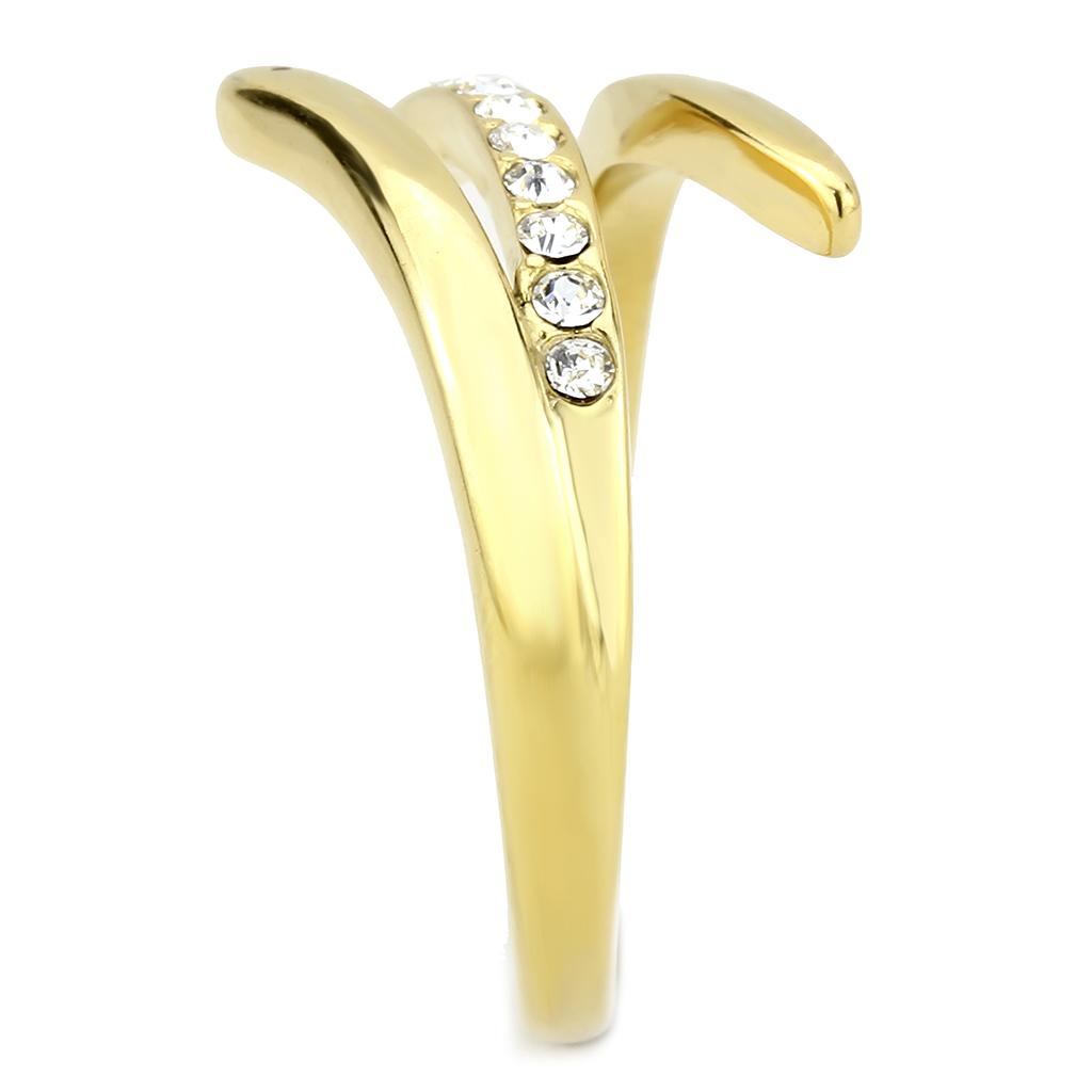 TK3590 IP Gold Stainless Steel Ring featuring a clear top-grade crystal centerpiece, showcasing a luxurious design.