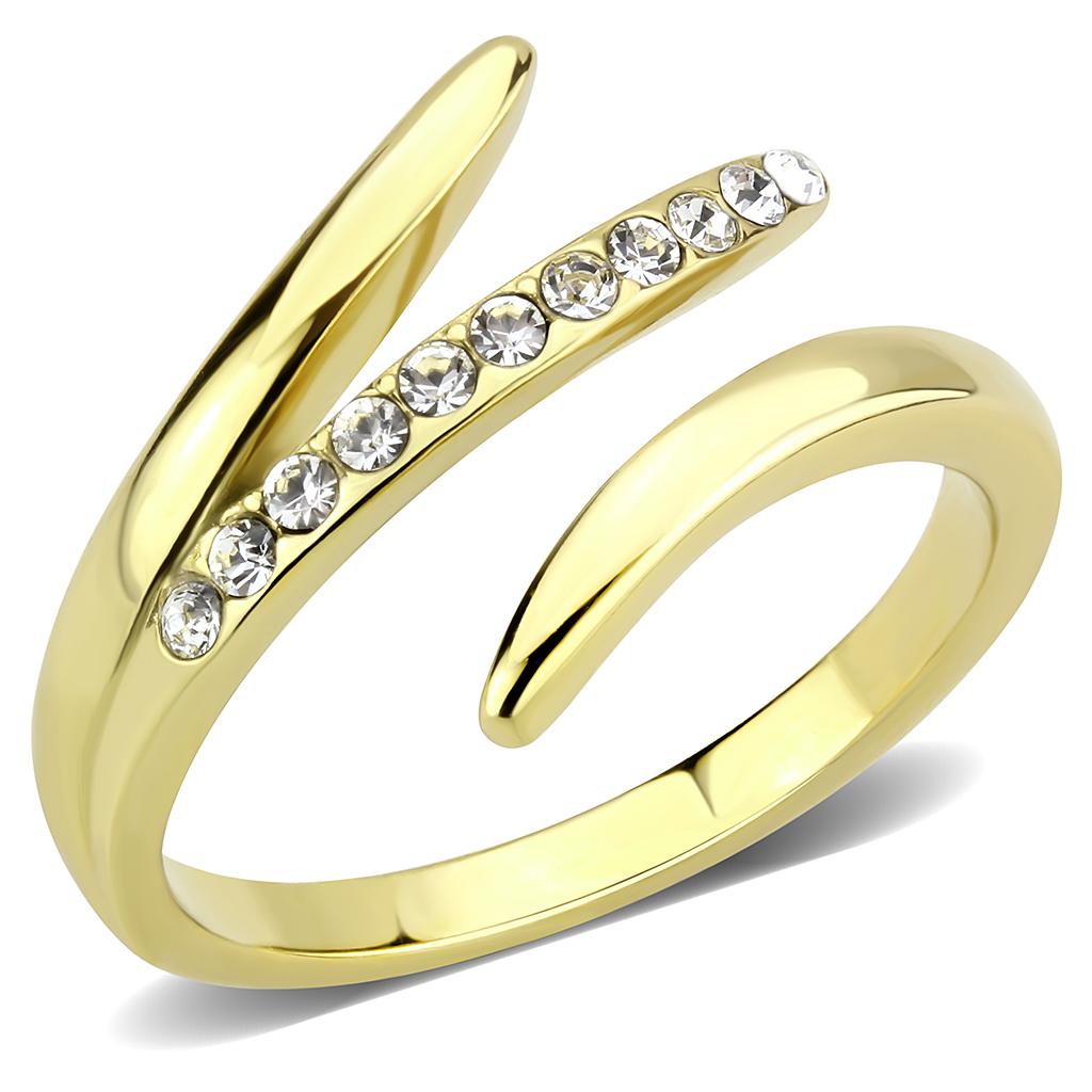 TK3590 IP Gold Stainless Steel Ring featuring a clear top-grade crystal centerpiece, showcasing a luxurious design.