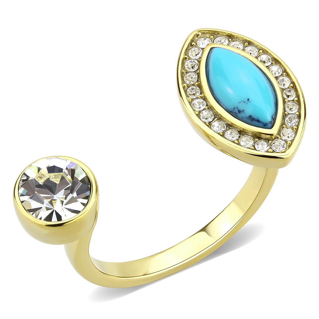 TK3592 IP Gold Stainless Steel Ring featuring a vibrant synthetic turquoise stone, showcasing its elegant design and luxurious finish.