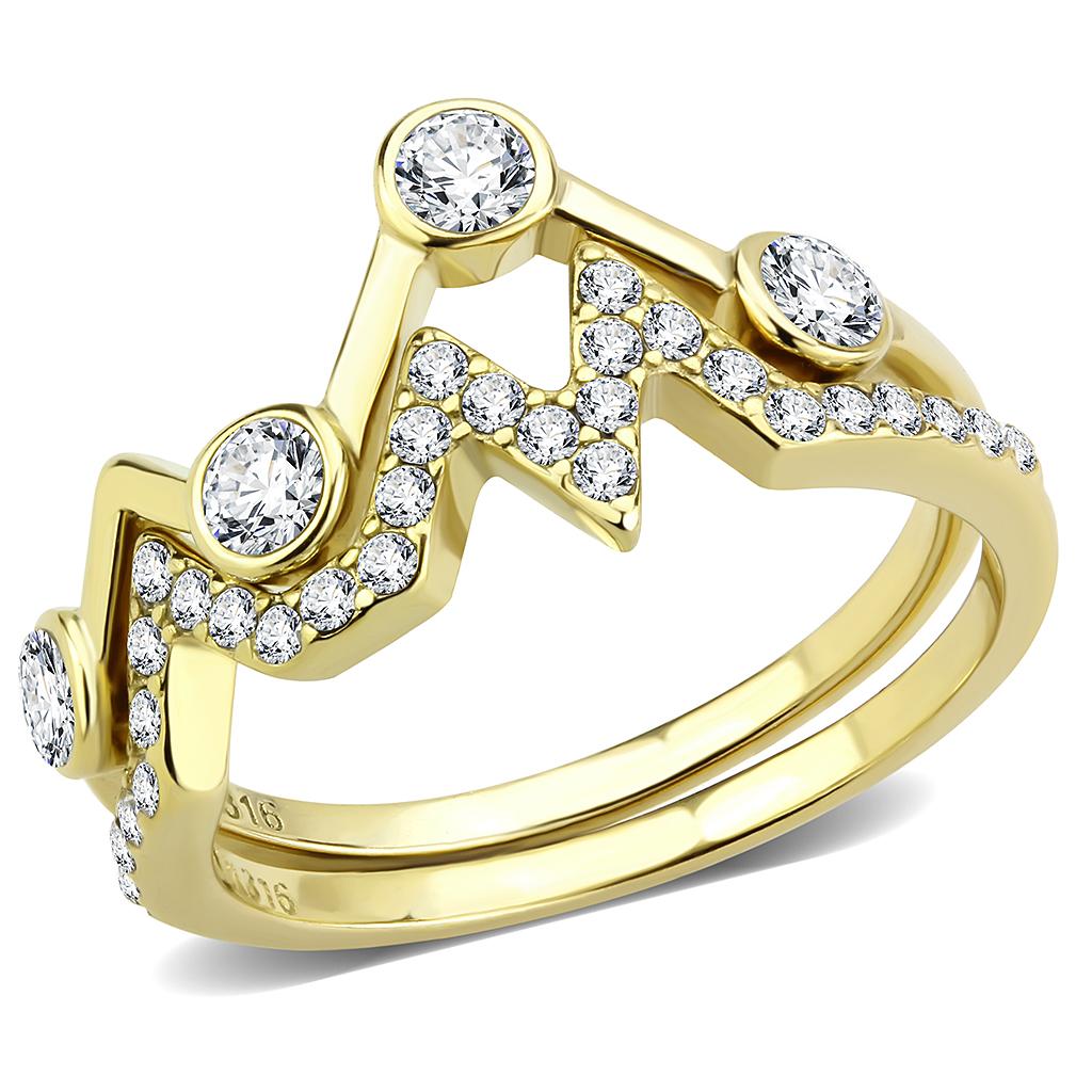 TK3596 IP Gold Stainless Steel Ring featuring a clear AAA Grade CZ center stone, showcasing its elegant design and luxurious finish.