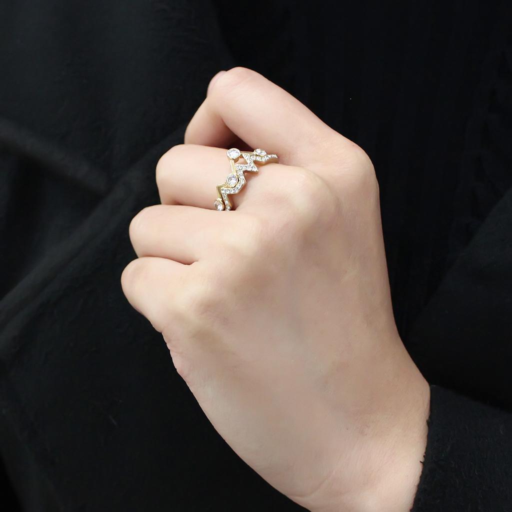 TK3596 IP Gold Stainless Steel Ring featuring a clear AAA Grade CZ center stone, showcasing its elegant design and luxurious finish.