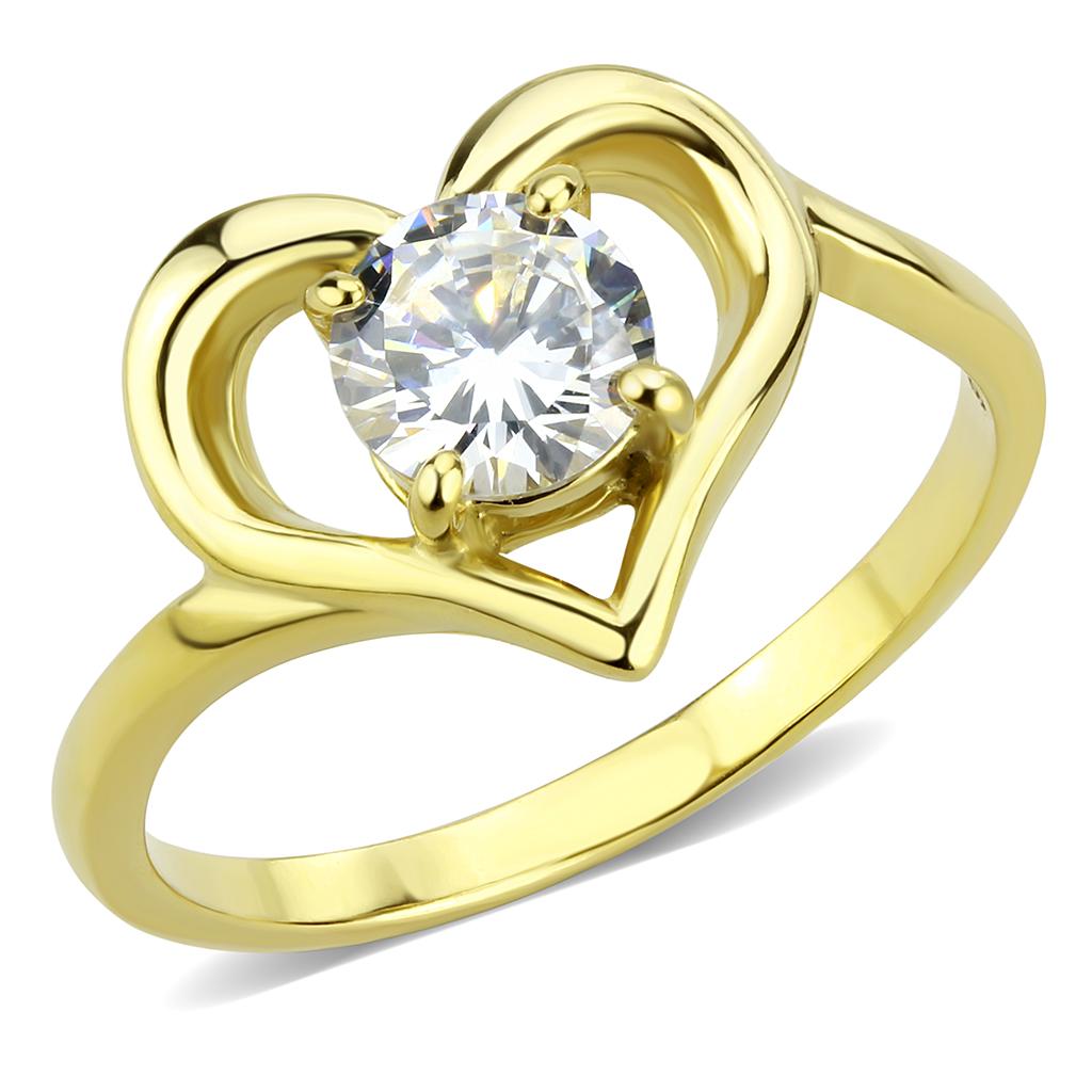 TK3628 IP Gold Stainless Steel Ring featuring a clear AAA Grade CZ center stone, showcasing a luxurious and elegant design.