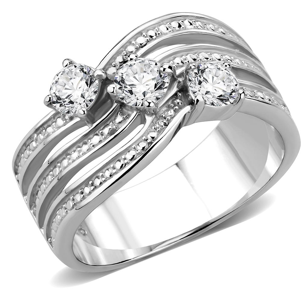 TK3633 High Polished Stainless Steel Ring featuring a clear AAA Grade CZ center stone, showcasing its elegant design and shine.