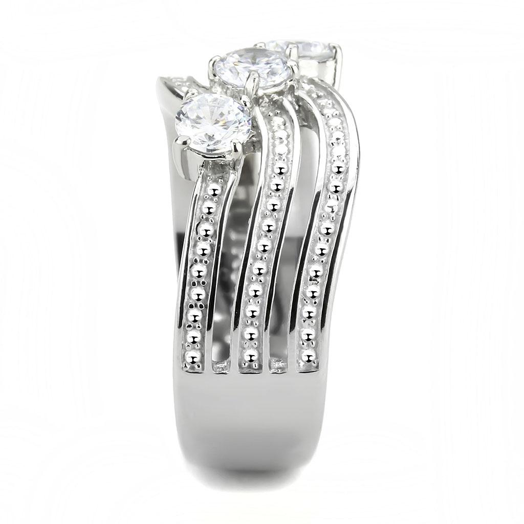 TK3633 High Polished Stainless Steel Ring featuring a clear AAA Grade CZ center stone, showcasing its elegant design and shine.