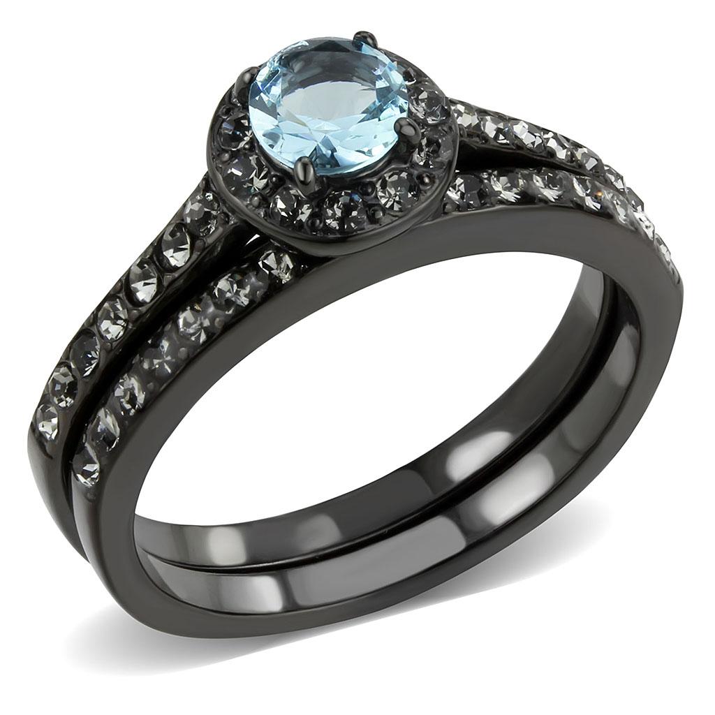 TK3634 IP Black Stainless Steel Ring featuring a sea blue synthetic glass stone, showcasing a modern and stylish design.