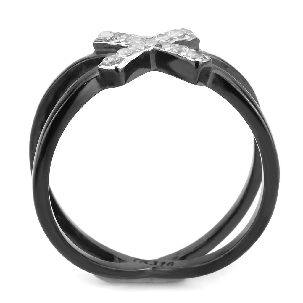 TK3635 Two-Tone IP Black Stainless Steel Ring featuring a clear AAA Grade CZ stone, showcasing a modern and elegant design.