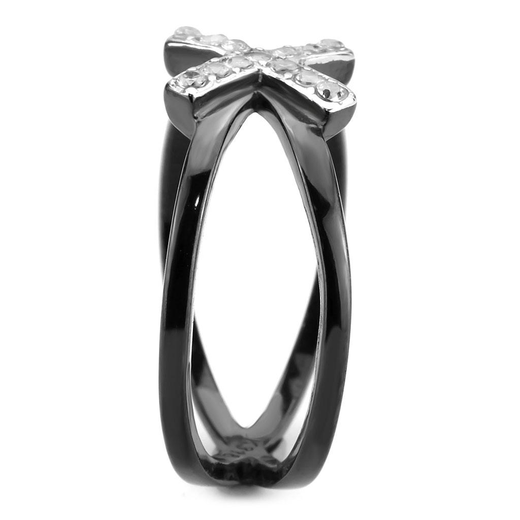 TK3635 Two-Tone IP Black Stainless Steel Ring featuring a clear AAA Grade CZ stone, showcasing a modern and elegant design.