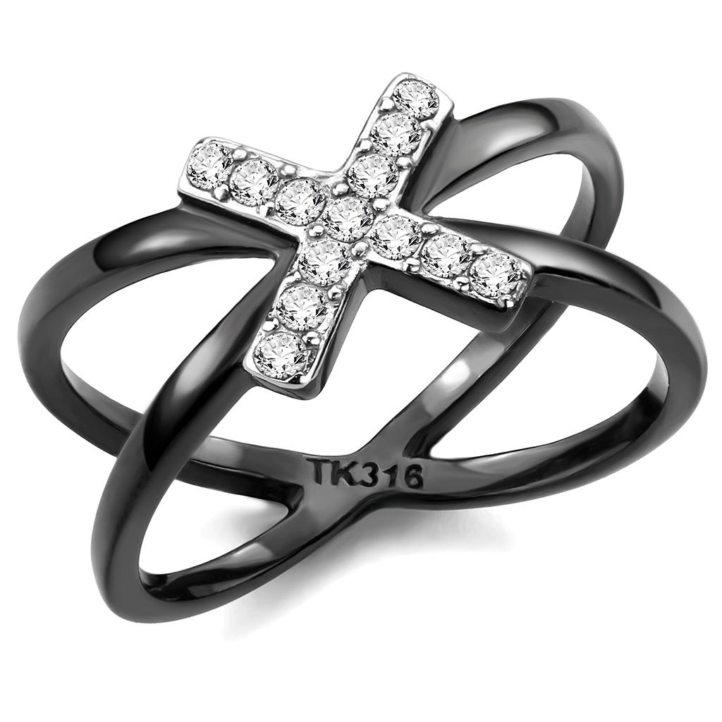 TK3635 Two-Tone IP Black Stainless Steel Ring featuring a clear AAA Grade CZ stone, showcasing a modern and elegant design.