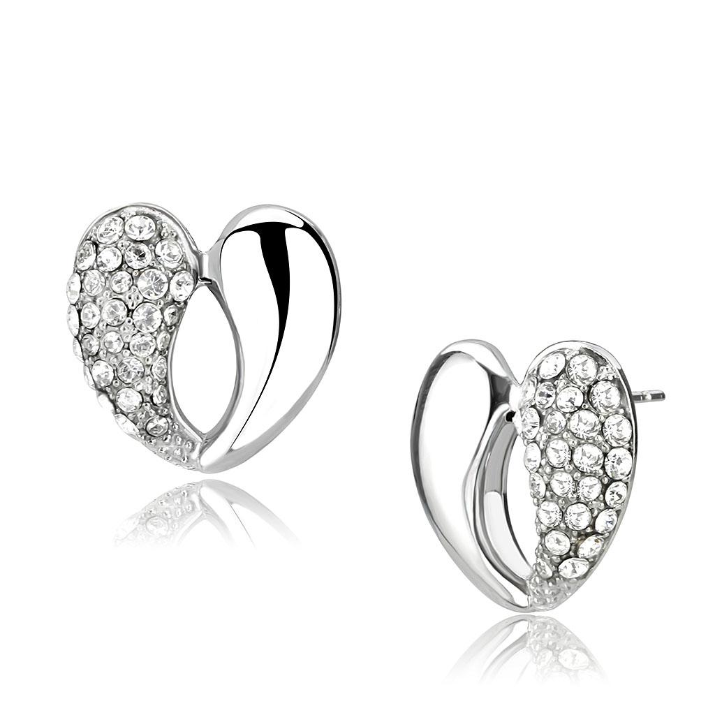 High polished stainless steel earrings featuring a clear top grade crystal centerpiece, showcasing elegance and shine.