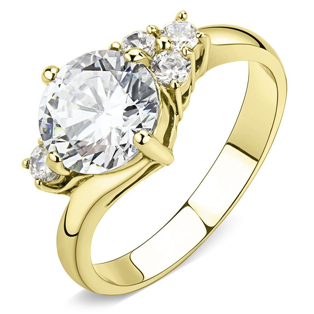 TK3670 IP Gold Stainless Steel Ring featuring a clear AAA Grade CZ stone, showcasing its elegant design and luxurious finish.