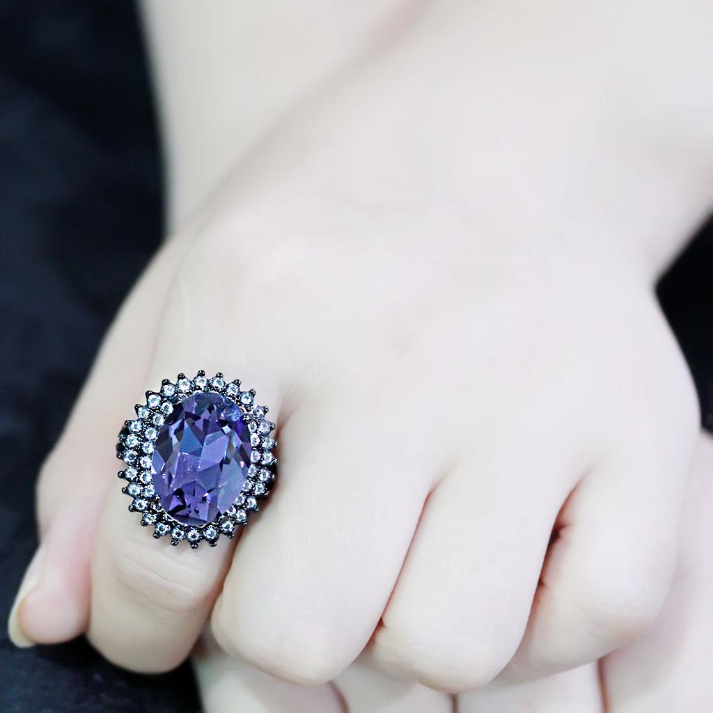 TK3687 IP Black Stainless Steel Ring featuring a top-grade tanzanite crystal, showcasing a sleek design and modern finish.