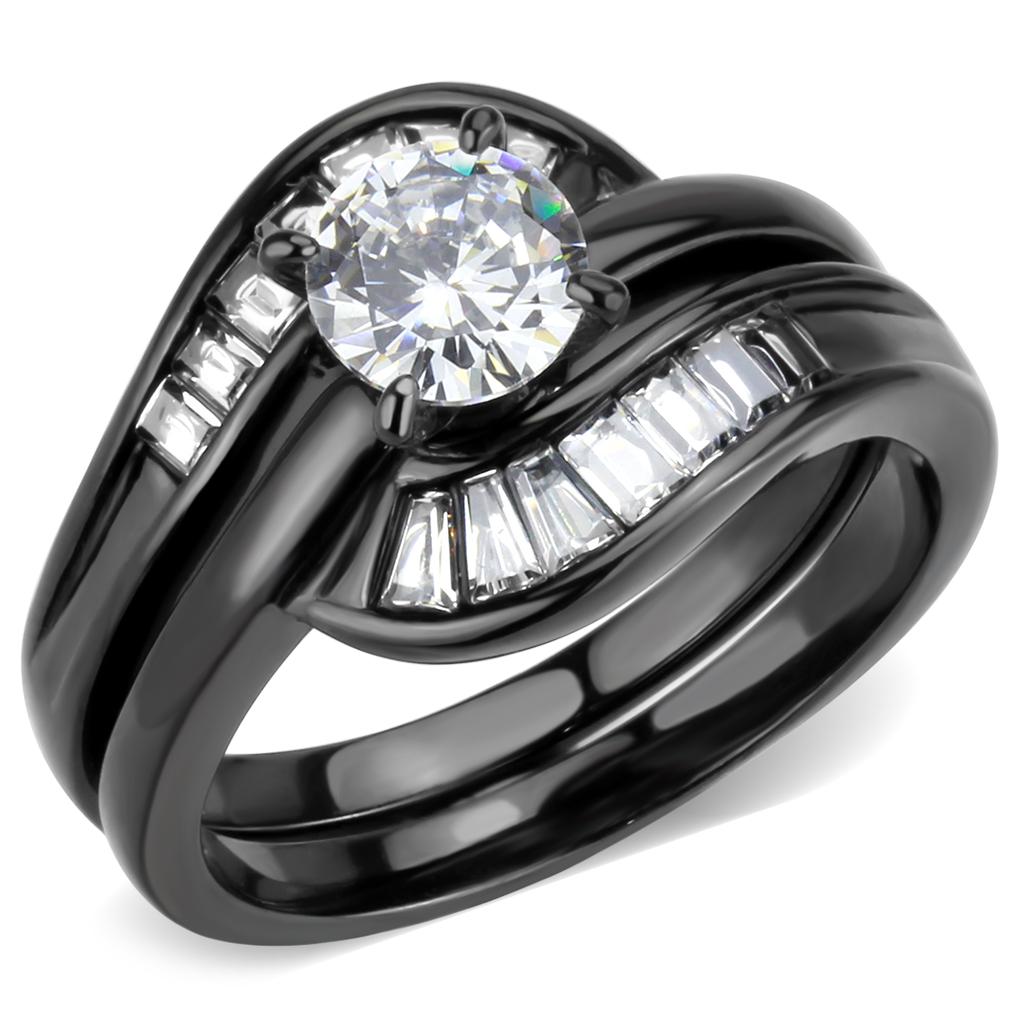 TK3693 IP Black Stainless Steel Ring featuring a clear AAA Grade CZ stone, showcasing its elegant design and modern finish.