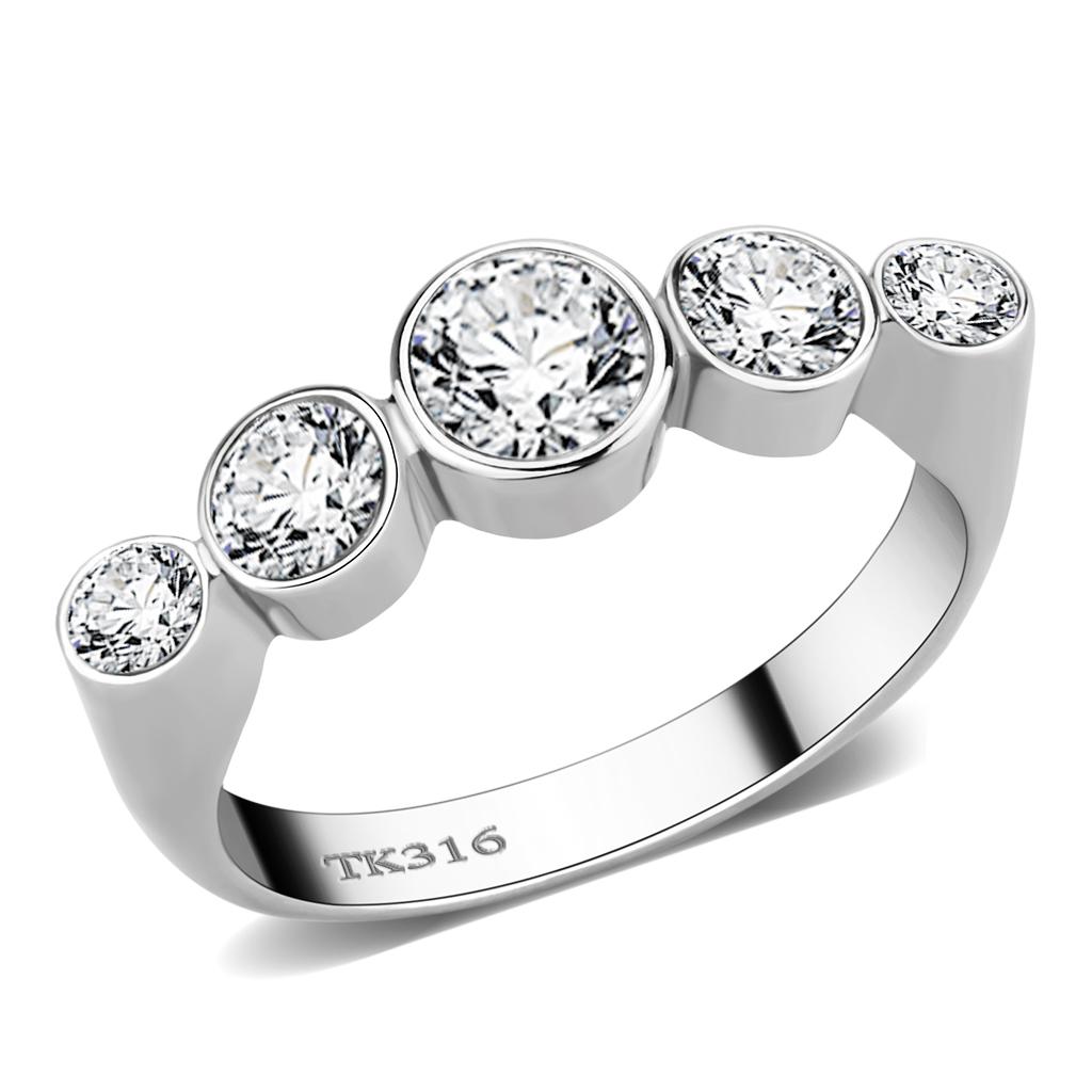 TK3697 High Polished Stainless Steel Ring featuring a clear AAA Grade CZ stone, showcasing a sleek and modern design.