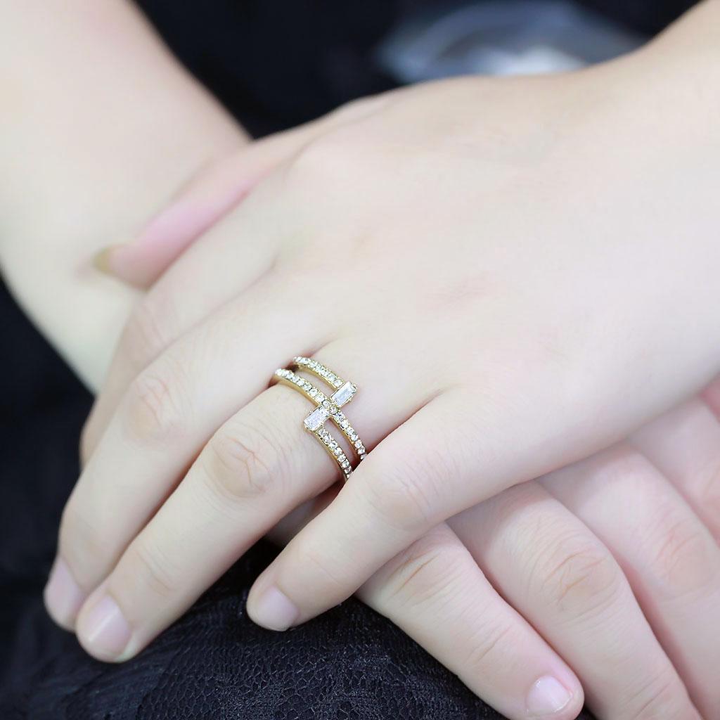 TK3707 IP Gold Stainless Steel Ring featuring a clear top-grade crystal, showcasing its elegant design and luxurious finish.