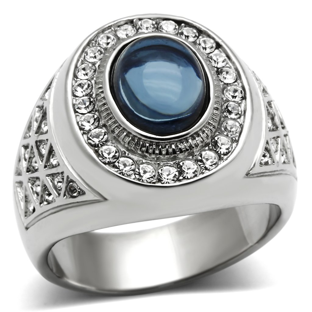 TK371 High Polished Stainless Steel Ring featuring a Montana colored synthetic glass center stone, showcasing its elegant design.