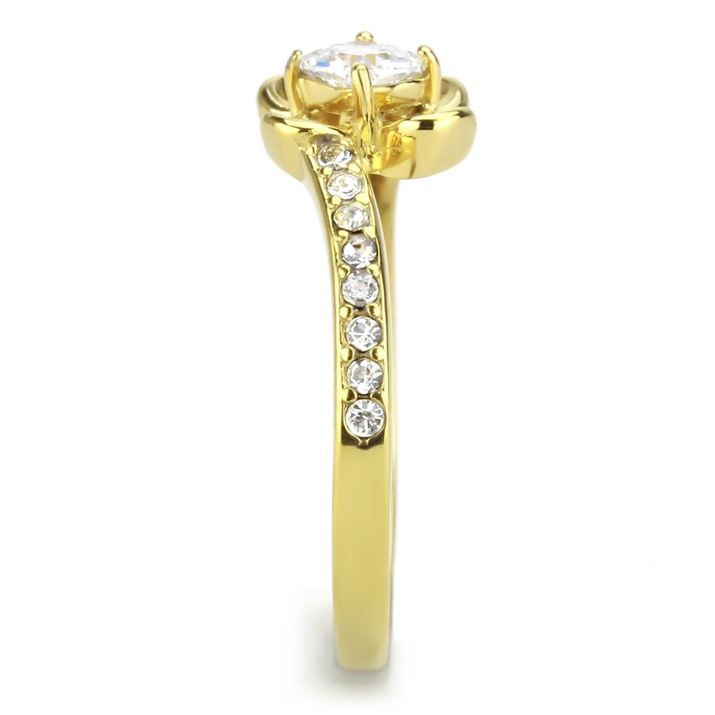 TK3711 IP Gold Stainless Steel Ring featuring a clear AAA Grade CZ stone, showcasing its elegant design and luxurious finish.