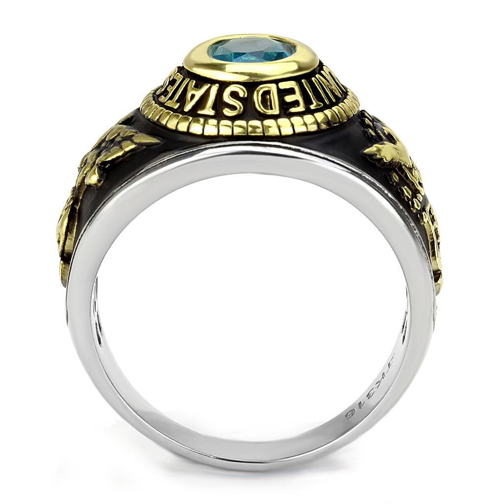 TK3725 Two-Tone IP Gold Stainless Steel Ring featuring a sea blue synthetic glass stone, showcasing its elegant design and durable finish.
