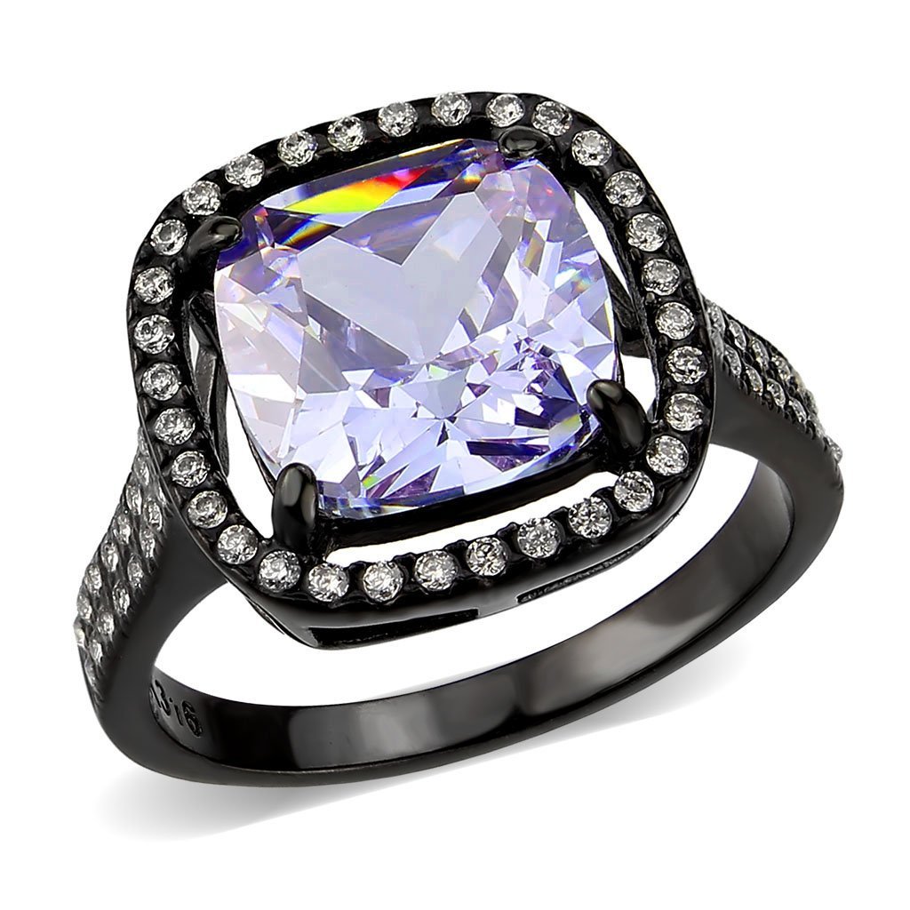 TK3734 IP Black Stainless Steel Ring featuring a cushion cut AAA Grade CZ in light amethyst color, showcasing its elegant design.