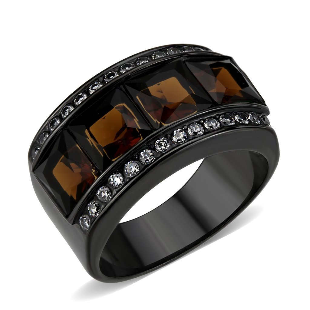 TK3746 IP Black Stainless Steel Ring featuring a synthetic brown stone, showcasing a modern design and durable finish.