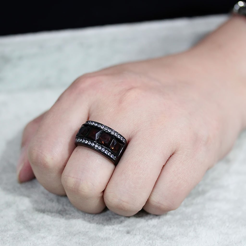 TK3746 IP Black Stainless Steel Ring featuring a synthetic brown stone, showcasing a modern design and durable finish.