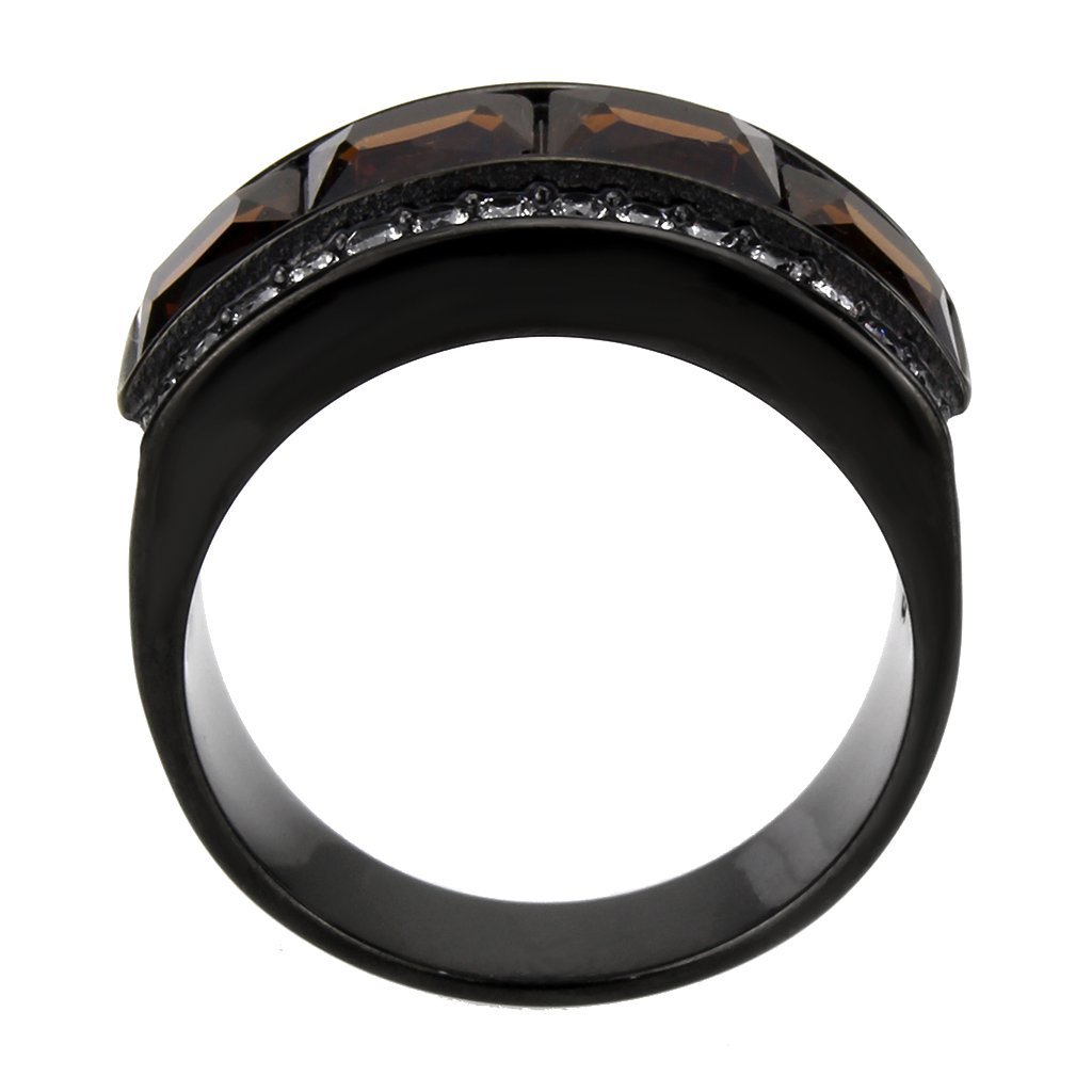 TK3746 IP Black Stainless Steel Ring featuring a synthetic brown stone, showcasing a modern design and durable finish.