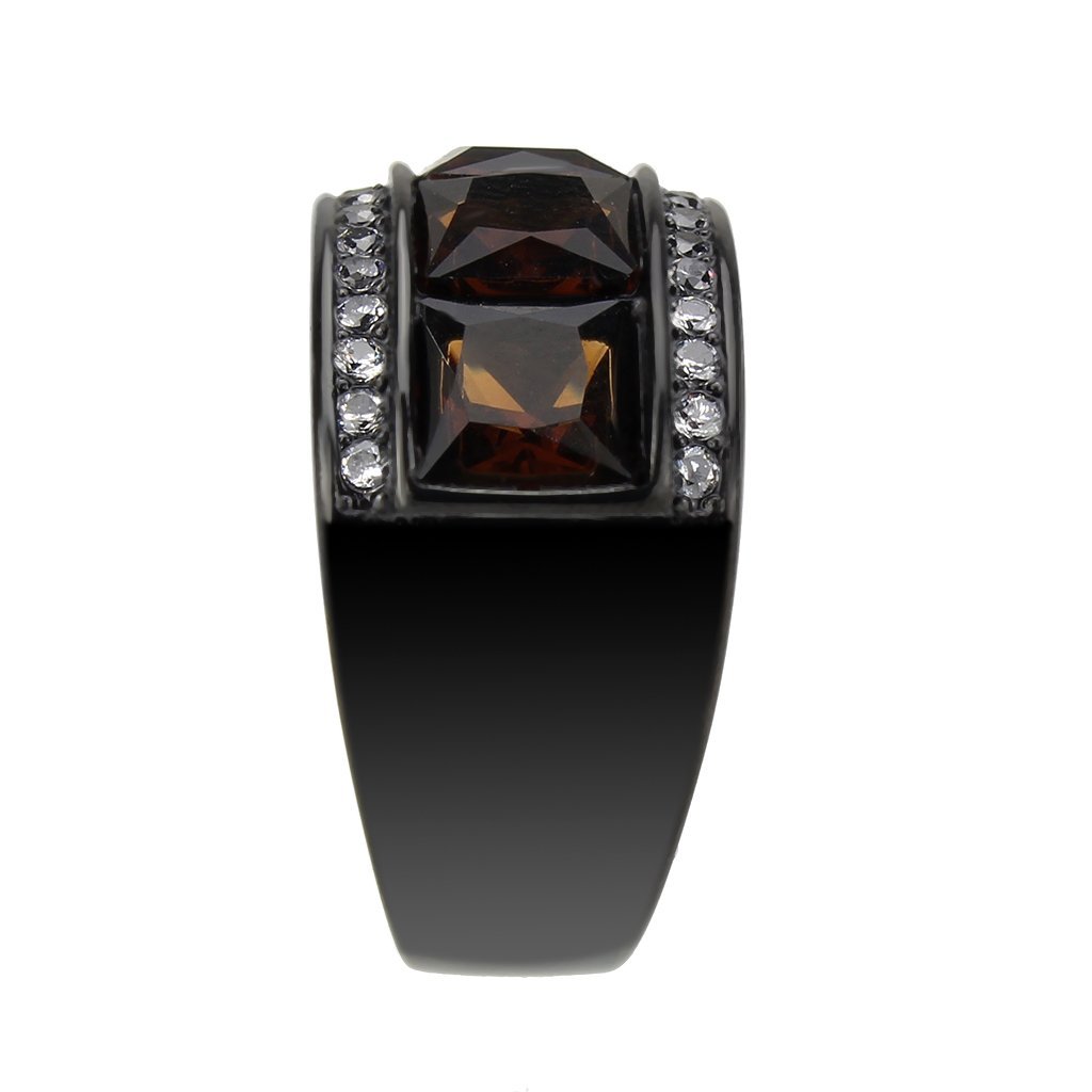 TK3746 IP Black Stainless Steel Ring featuring a synthetic brown stone, showcasing a modern design and durable finish.