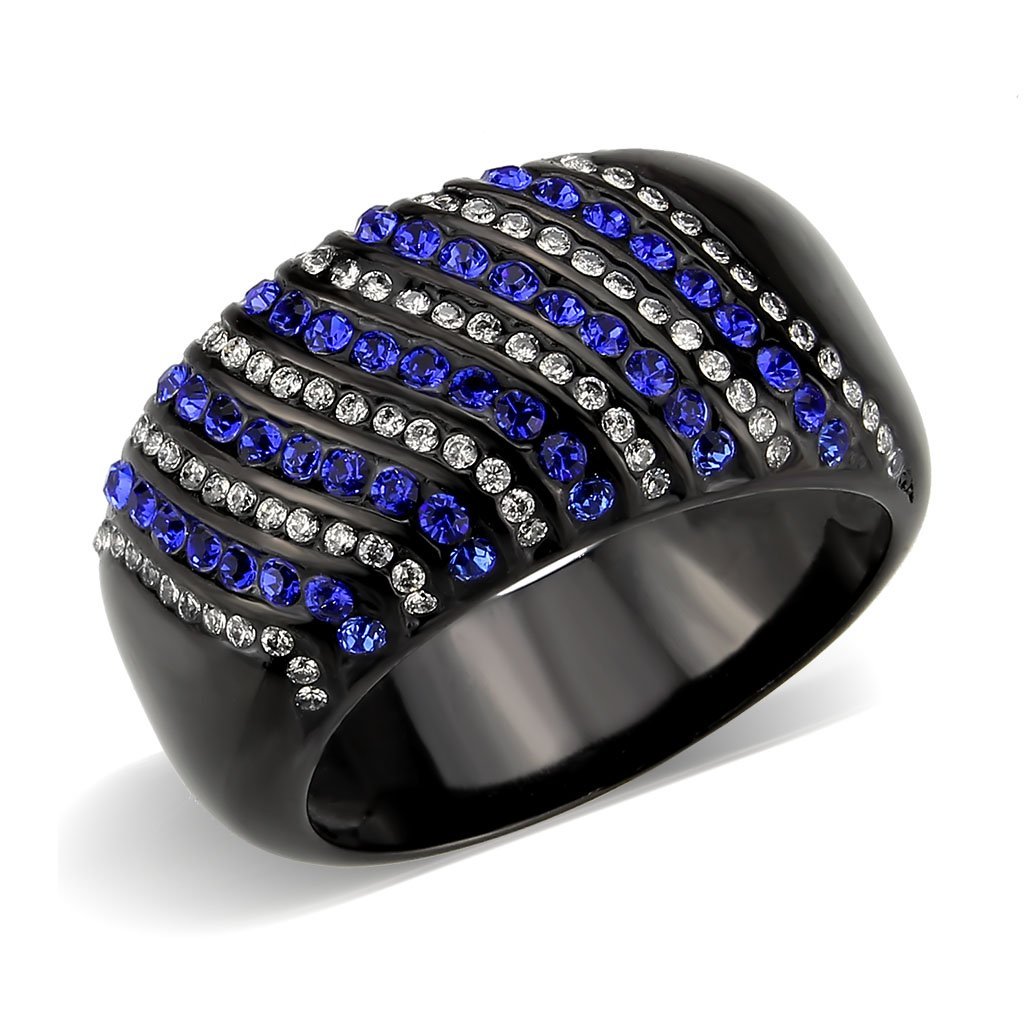TK3751 IP Black Stainless Steel Ring featuring a blue AAA Grade CZ stone, showcasing a modern design and elegant finish.