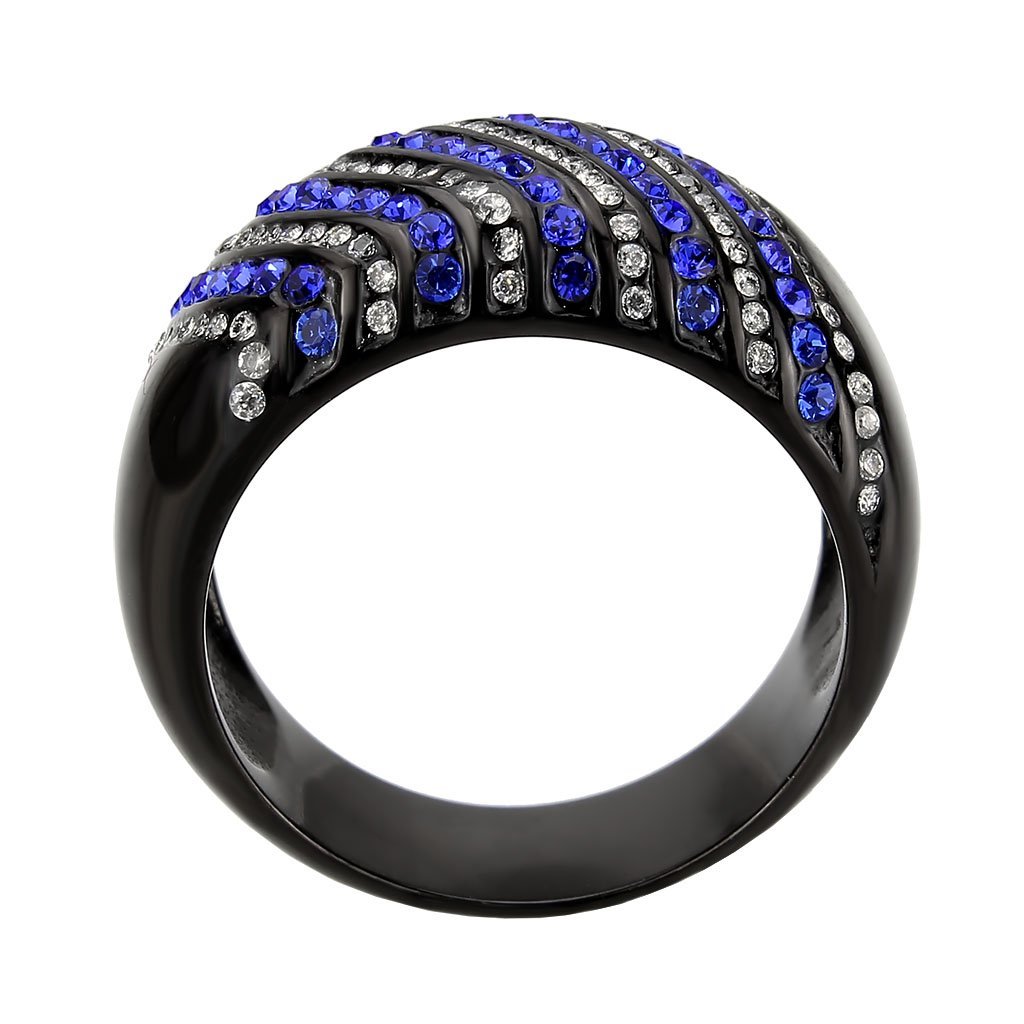 TK3751 IP Black Stainless Steel Ring featuring a blue AAA Grade CZ stone, showcasing a modern design and elegant finish.