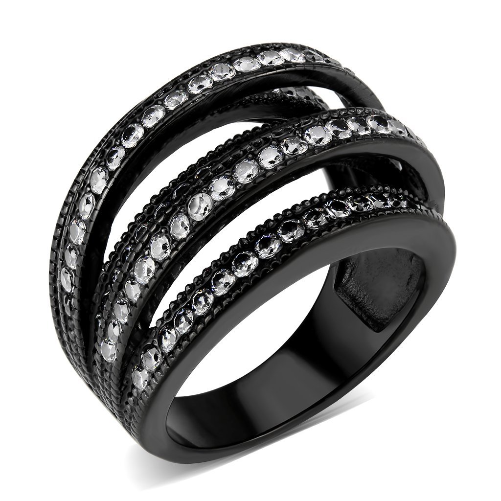 TK3752 IP Black Stainless Steel Ring featuring a clear AAA Grade CZ center stone, showcasing a modern and elegant design.