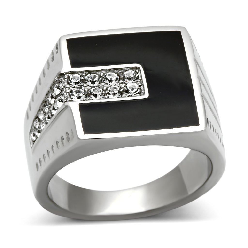 TK388 High Polished Stainless Steel Ring featuring a clear top grade crystal, showcasing its elegant design and shiny finish.