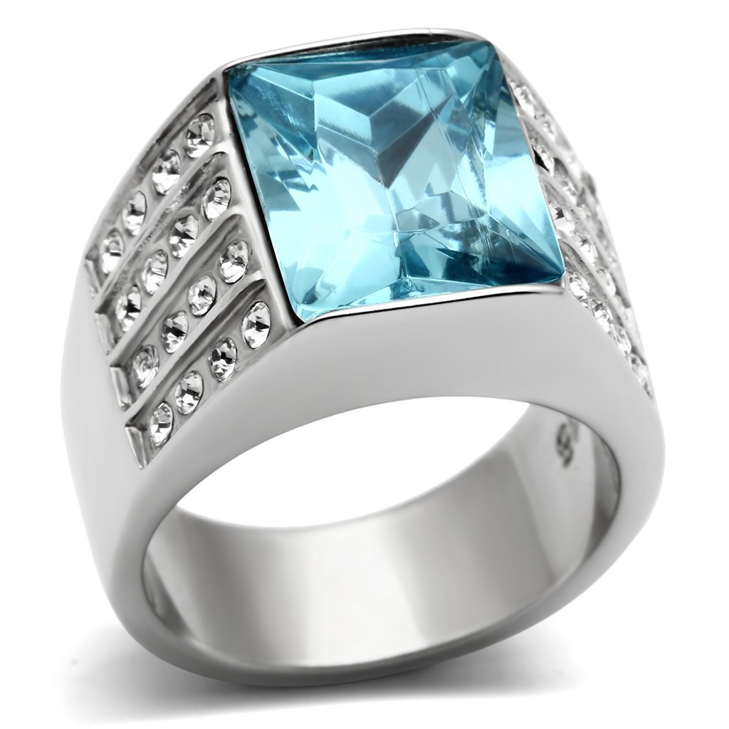 TK394 High Polished Stainless Steel Ring featuring a synthetic sea blue glass center stone, showcasing a sleek and modern design.
