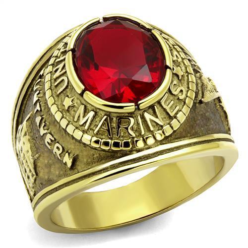 TK414703G IP Gold Stainless Steel Ring featuring a vibrant Siam synthetic glass center stone, showcasing elegance and durability.