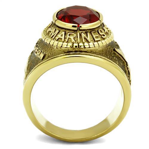 TK414703G IP Gold Stainless Steel Ring featuring a vibrant Siam synthetic glass center stone, showcasing elegance and durability.